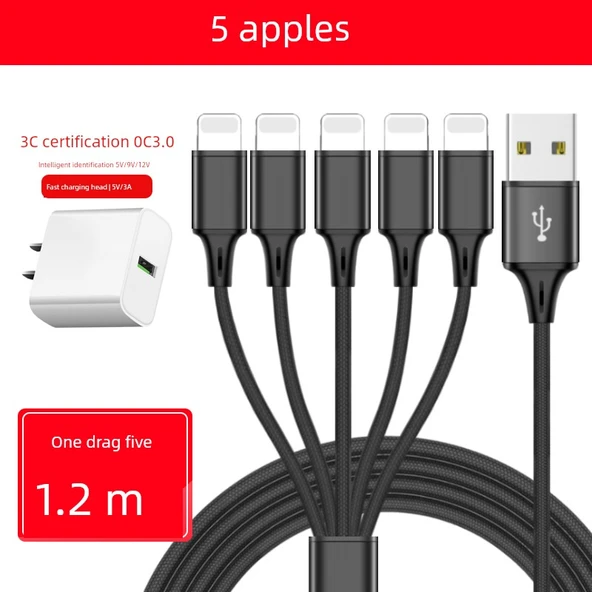 3A Hızlı Şarj Başlıklı 5'i 1 Arada Çoklu Şarj Kablosu - Siyah Balık İpeği 1.2m [5 Apple Lightning]