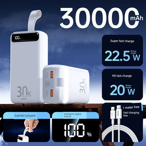 30000mAh 22.5W Hızlı Şarj Powerbank - Beyaz Apple Paket [PD Hızlı Şarj Kablolu]