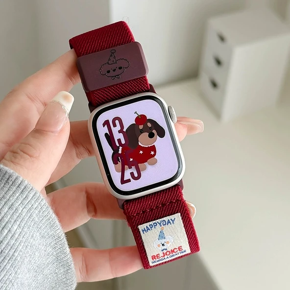 Şapkalı Köpek Desenli Manyetik Tokalı Elastik Naylon Apple Watch Kordonu - 42mm - Şarap Kırmızısı