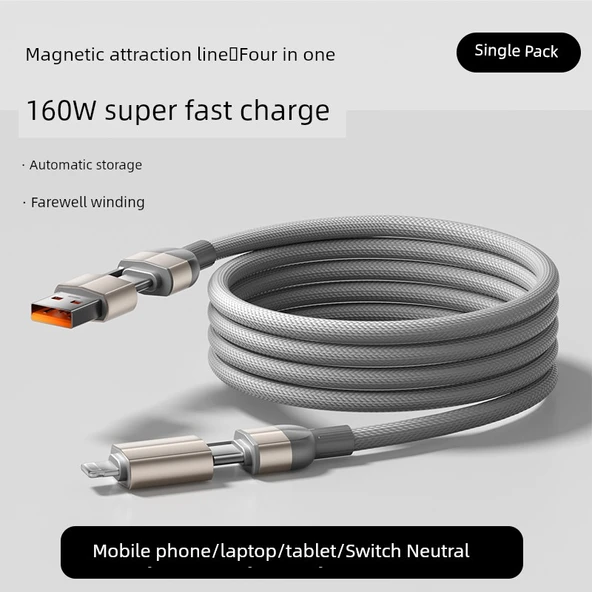 4'ü 1 Arada Manyetik Şarj Kablosu 160W - 1.2m Titanyum