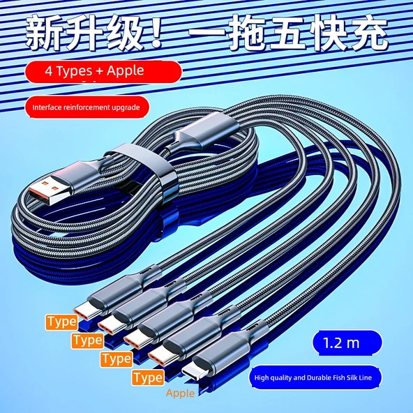 5'i 1 Arada Çoklu Şarj Kablosu - Siyah Balık Ağı 1.2m [4 Type-C + Apple Lightning]