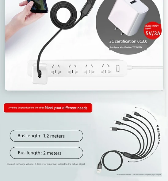 3'ü 1 Arada Çoklu Şarj Kablosu - Siyah Balık İpeği 1.2m [Type-C + Type-C + Type-C] - 10