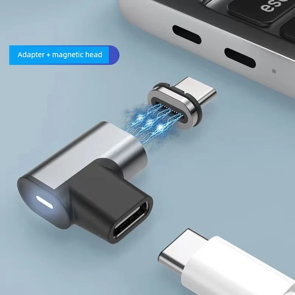 160W Manyetik Type-C Adaptör - Adaptör + Manyetik Başlık, Düz Yan Lambalı