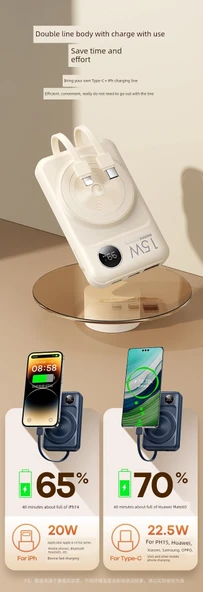 15W Manyetik Hızlı Şarjlı 10000mAh Taşınabilir Powerbank - Beyaz - 8
