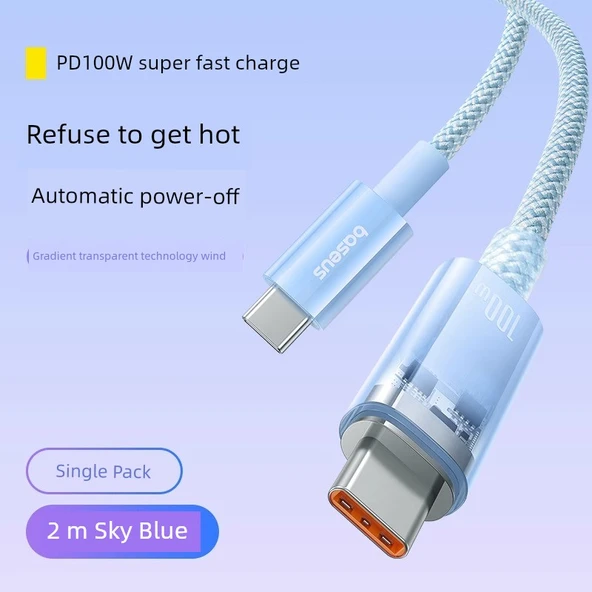 Çift Başlıklı Type-C Data Kablosu PD100W Hızlı Şarj - Xinghai Mavi 2m (Otomatik Kapanma)