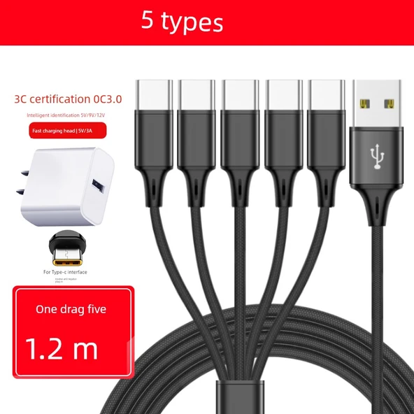 3A Hızlı Şarj Başlıklı 5'i 1 Arada Çoklu Şarj Kablosu - Siyah Balık İpeği 1.2m [5 Type-C]