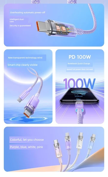 Çift Başlıklı Type-C Data Kablosu PD100W Hızlı Şarj - Nebula Mor 1m (Bir Alana Bir Bedava) - 7
