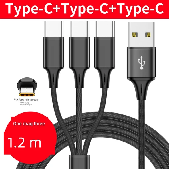 3'ü 1 Arada Çoklu Şarj Kablosu - Siyah Balık İpeği 1.2m [Type-C + Type-C + Type-C]