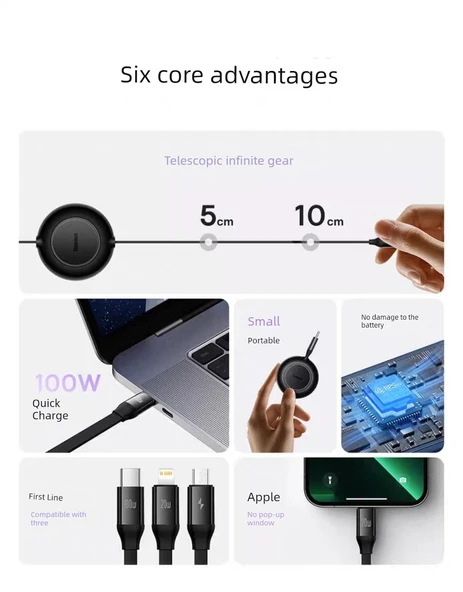 3'ü 1 Arada 100W Hızlı Şarj Kablosu - 1.1m Mor (Type-C, Lightning, Micro USB) - 8