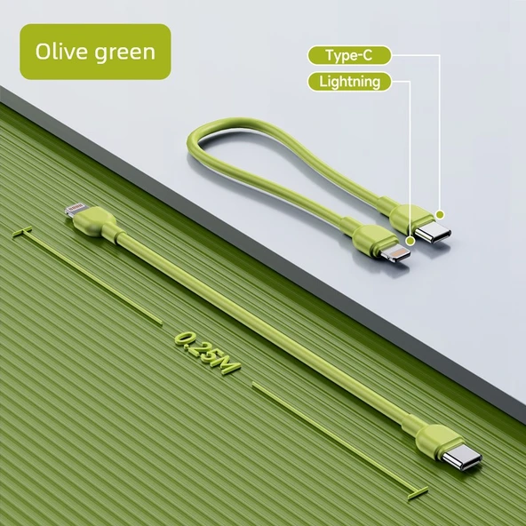 Type-C Lightning Kısa Şarj ve Data Kablosu - Haki - 9