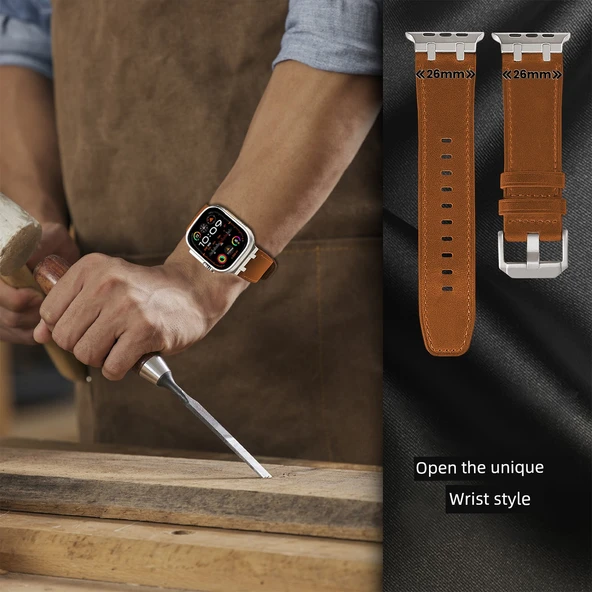 Crazy Horse Deri Apple Watch Kordonu 46mm (iWatch 10) 2024 Yeni - Koyu Mavi Kordon - Titanyum Toka - 9