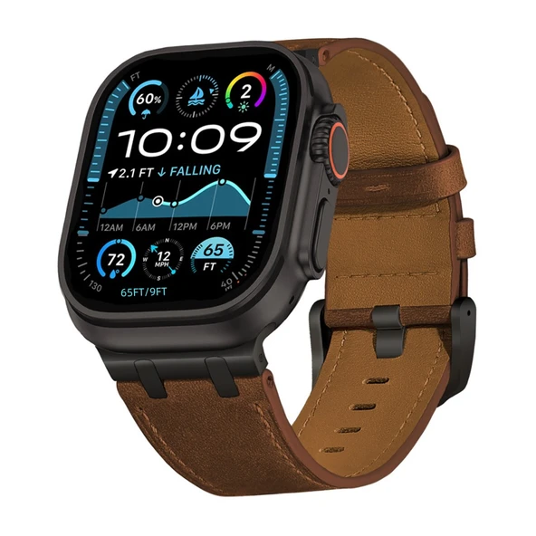 Crazy Horse Deri Apple Watch Kordonu 44mm (iWatch 4/5/6/se) - Koyu Kahverengi Kordon - Siyah Toka