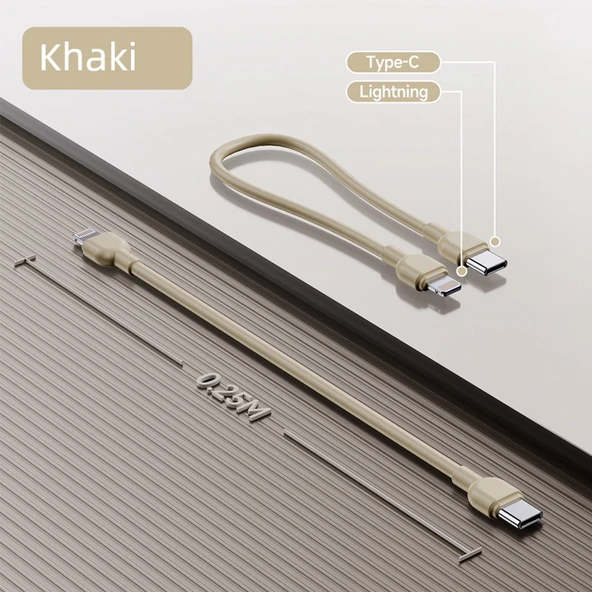 Type-C Lightning Kısa Şarj ve Data Kablosu - Haki - 8