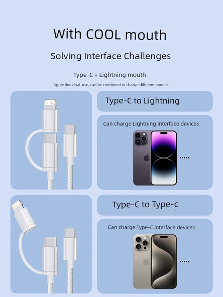 2si1 Arada USB Hızlı Şarj Örgülü Kablo 1 Metre - 2