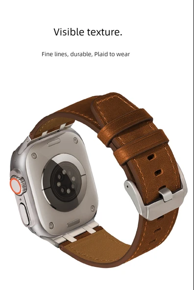 Crazy Horse Deri Apple Watch Kordonu 46mm (iWatch 10) 2024 Yeni - Koyu Mavi Kordon - Titanyum Toka - 10