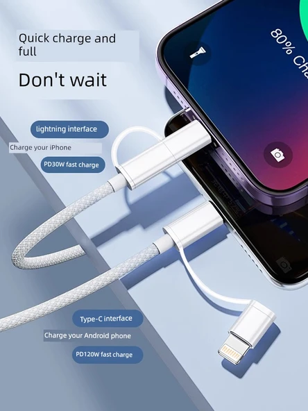 2si1 Arada USB Hızlı Şarj Örgülü Kablo 1 Metre - 5