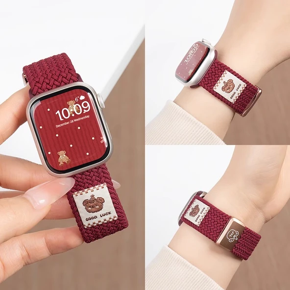 Apple Watch 38mm S3/2/1 Uyumlu Bordo Naylon Örgü Kordon