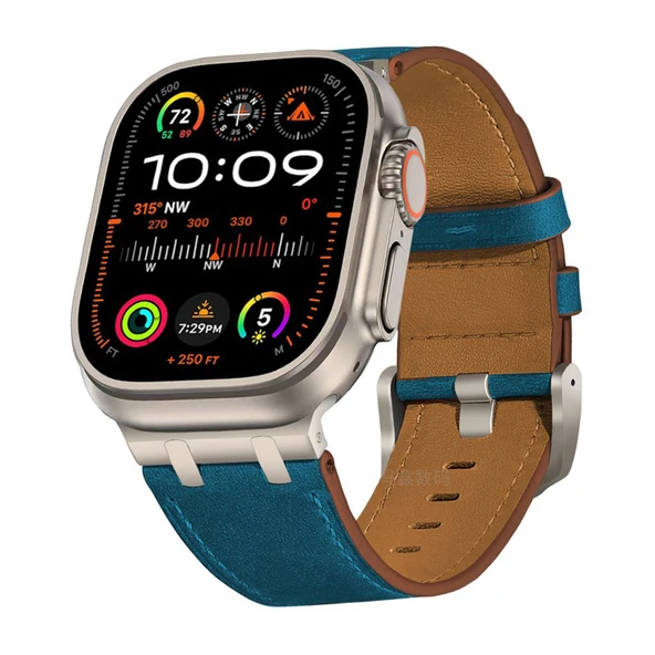 Crazy Horse Deri Apple Watch Kordonu 46mm (iWatch 10) 2024 Yeni - Koyu Mavi Kordon - Titanyum Toka