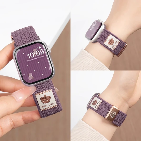 Apple Watch 41mm S9/8/7 Uyumlu Duman Moru Naylon Örgü Kordon