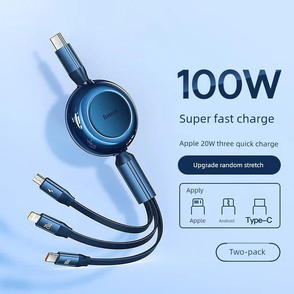 100W Teleskopik 2'si 1 Arada USB Type-C Şarj Kablosu - Mavi (İki Adet)