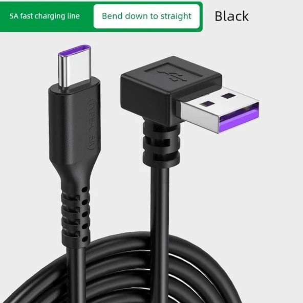 66W USB Type-C Hızlı Şarj Dirsek Kablosu 5A - 1m Siyah Aşağı Bükümlü