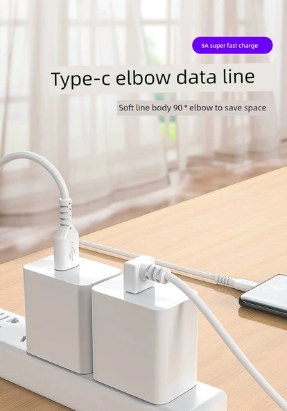 66W USB Type-C Hızlı Şarj Dirsek Kablosu 5A - 1m Siyah Bükümlü - 6