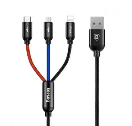 3'ü 1 Arada Çoklu Şarj Kablosu - Kontrast Renk Apple + Type-C + Android - 0.3m