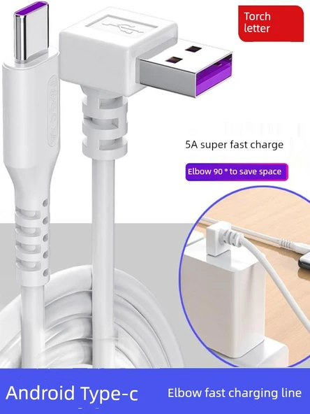 66W USB Type-C Hızlı Şarj Dirsek Kablosu 5A - 1m Siyah Bükümlü - 2