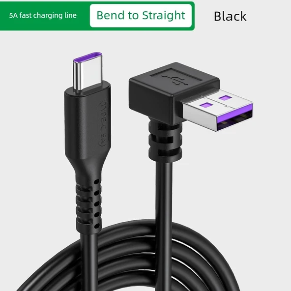 66W USB Type-C Hızlı Şarj Dirsek Kablosu 5A - 1m Siyah Bükümlü