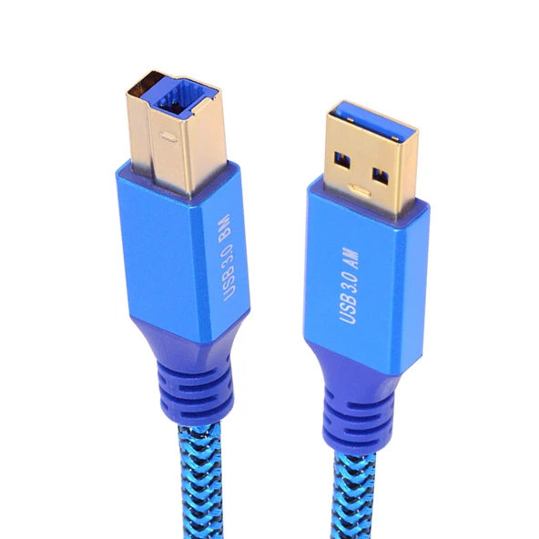 USB 3.0 A'dan B'ye Erkek Kablo - 0.25m Mavi Örgülü