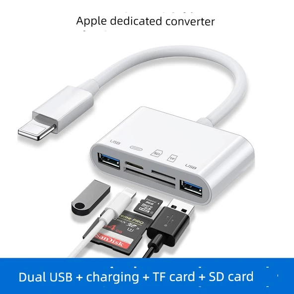5'i 1 Arada Lightning Çift USB TF SD Kart + Şarj OTG Kablo