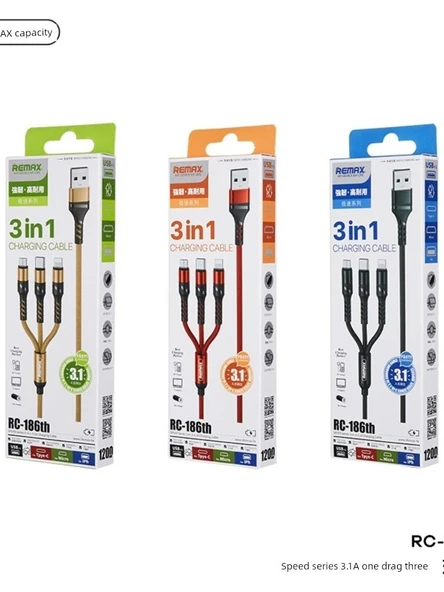 3'ü 1 Arada USB Data Kablosu - 1.2 Metre - Siyah - 5