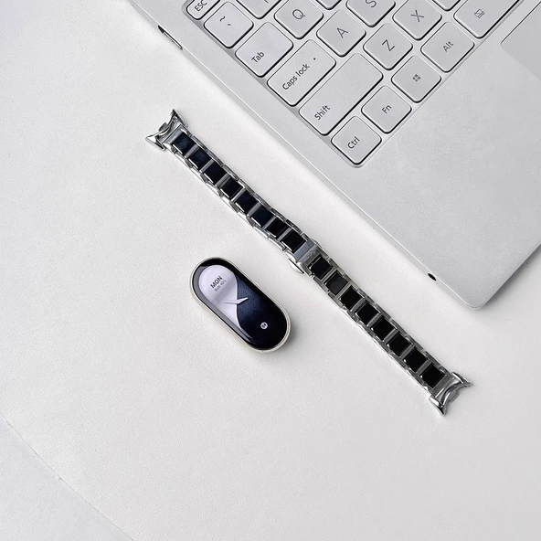 Xiaomi Mi Band 9 Seramik Kordon - Çelik Arası Seramik Gümüş Siyah (Özel Versiyon)