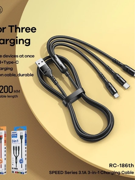 3'ü 1 Arada USB Data Kablosu - 1.2 Metre - Siyah - 3