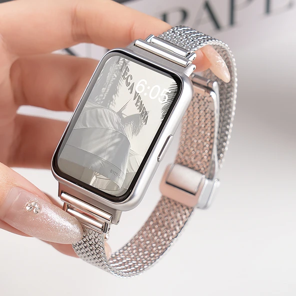 Huawei FIT3 Katlanabilir Manyetik Metal Tokalı Kayış - Gümüş