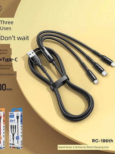 3'ü 1 Arada USB Data Kablosu - 1.2 Metre - Siyah - 2