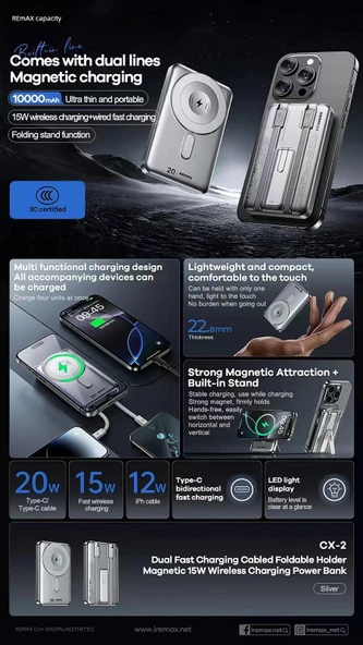 Manyetik Kablosuz Powerbank 5000mAh PD20W Hızlı Şarj - Altın - 3