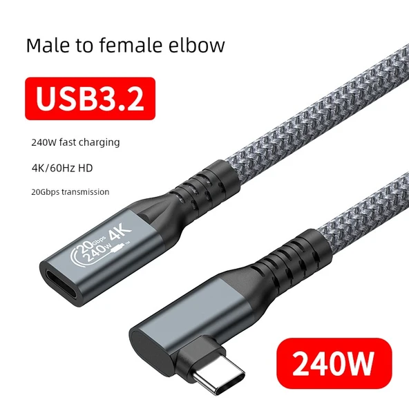 240W Type-C Erkekten Dişiye Dirsekli Uzatma Kablosu - 1.5m