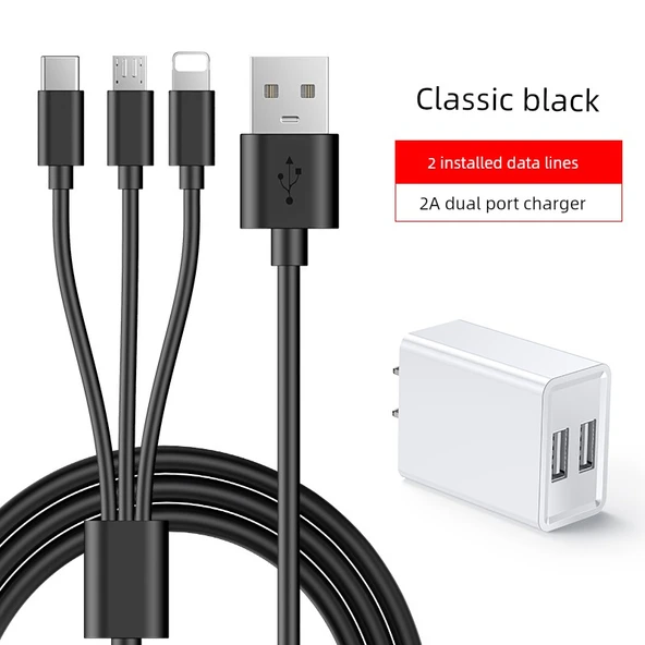 Üçlü USB 2.0 Data Kablosu ve 2A Şarj Aleti - 1 Metre - Siyah (İkili Paket) - Apple, Android, Type-C Uyumlu