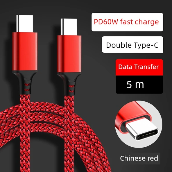 Type-C Hızlı Şarj Data Kablosu - Çin Kırmızısı 5 Metre Çift Type-C 60W