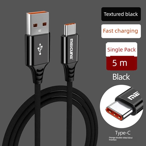 Type-C Hızlı Şarj Data Kablosu - Dokulu Siyah 5 Metre Hızlı Şarj