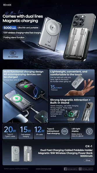Manyetik Kablosuz Powerbank 5000mAh PD20W Hızlı Şarj - Altın - 4