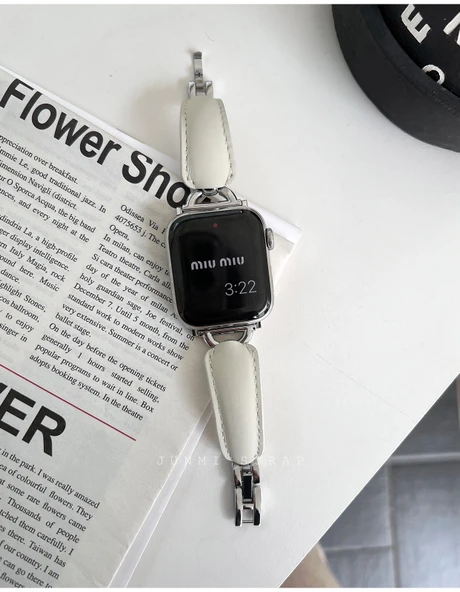 Apple Watch 40mm (4/5/6/SE) Uyumlu Pirinç Beyazı Gümüş Zincirli Deri Bileklik