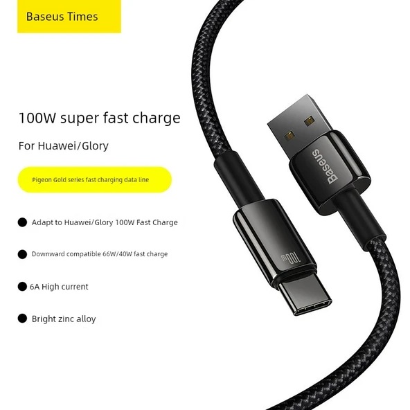 Çift Başlıklı 100W Hızlı Şarj Kablosu - 1m Tungsten Altın Siyah USB