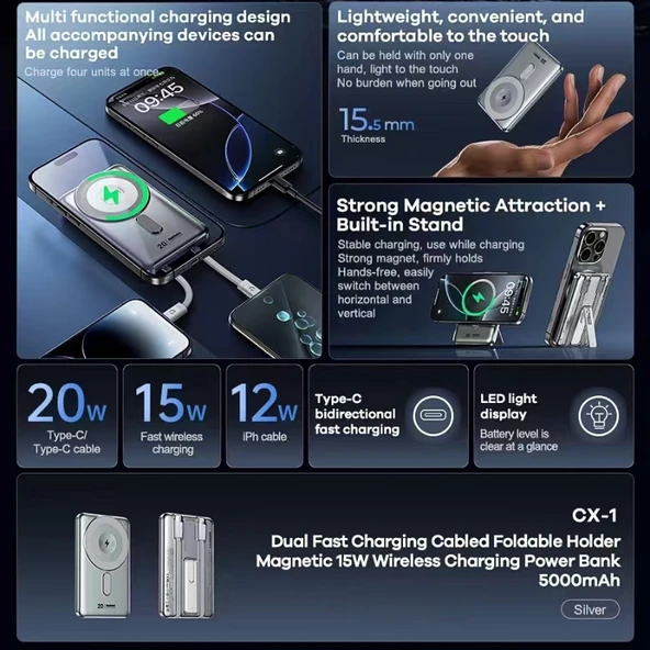 Manyetik Kablosuz Powerbank 5000mAh PD20W Hızlı Şarj - Altın - 2