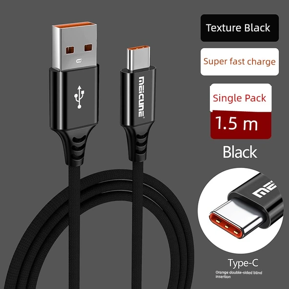 Type-C Hızlı Şarj Data Kablosu - Dokulu Siyah 1.5 Metre Süper Hızlı Şarj