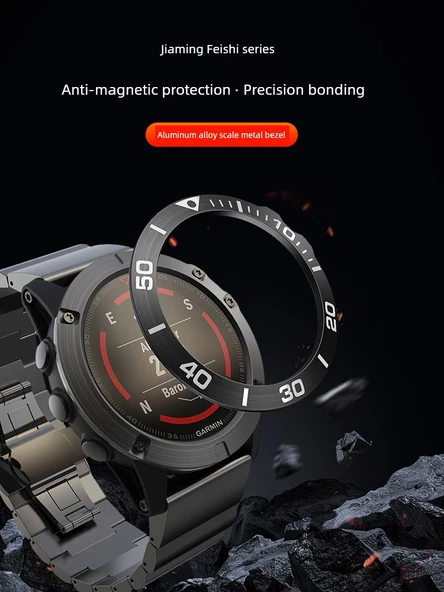 Garmin Fenix 5/5 Plus Uyumlu Gümüş Çerçeveli Siyah Yazılı Havacılık Alaşımlı Metal Halka ve 5 Adet Siyah Toz Tıkacı - 3