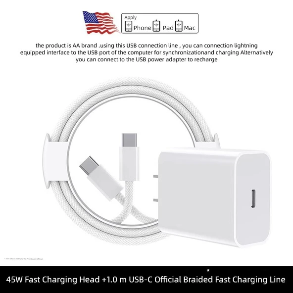 iPhone 16/15 Serisi 45W Şarj Aleti + 1.0m Çift C Tipi Örgülü Hızlı Şarj Kablosu