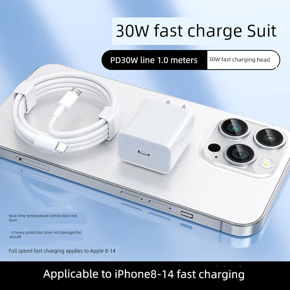 Apple 8-14 için 30W PD Şarj Aleti ve Type-C Lightning Kablosu - 1M