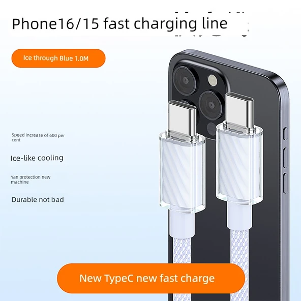 iPhone 15/16 45W PD Hızlı Şarj Type-C Data Kablosu - Buz Mavi 1.0m (Model 2)